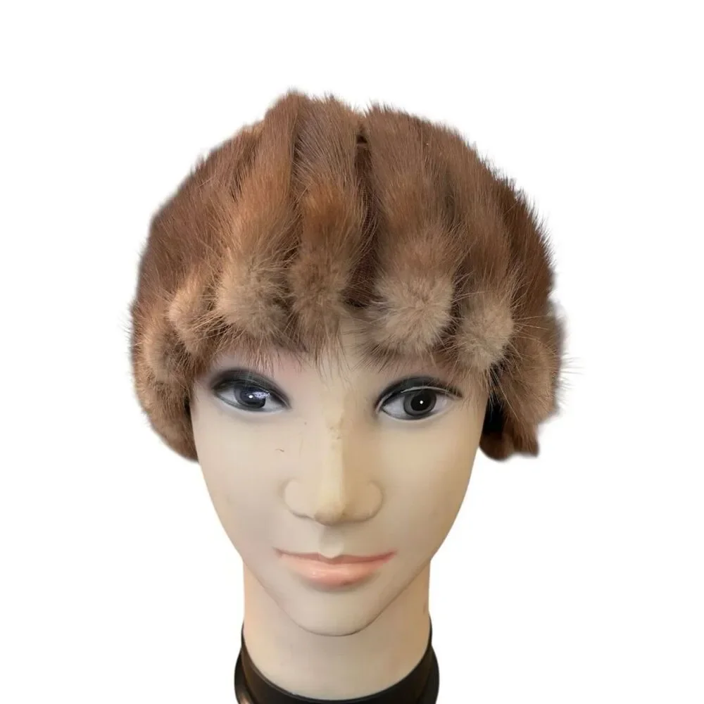 Real Mink Fur Ribbed Beanie Hat Lined Union Made USA One Size Cap Stretch